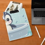 Cartoon Penguin in Bathtub Foldable Binder Folder Clipboard with Pen Slot Double Clips A4 Size File Storage