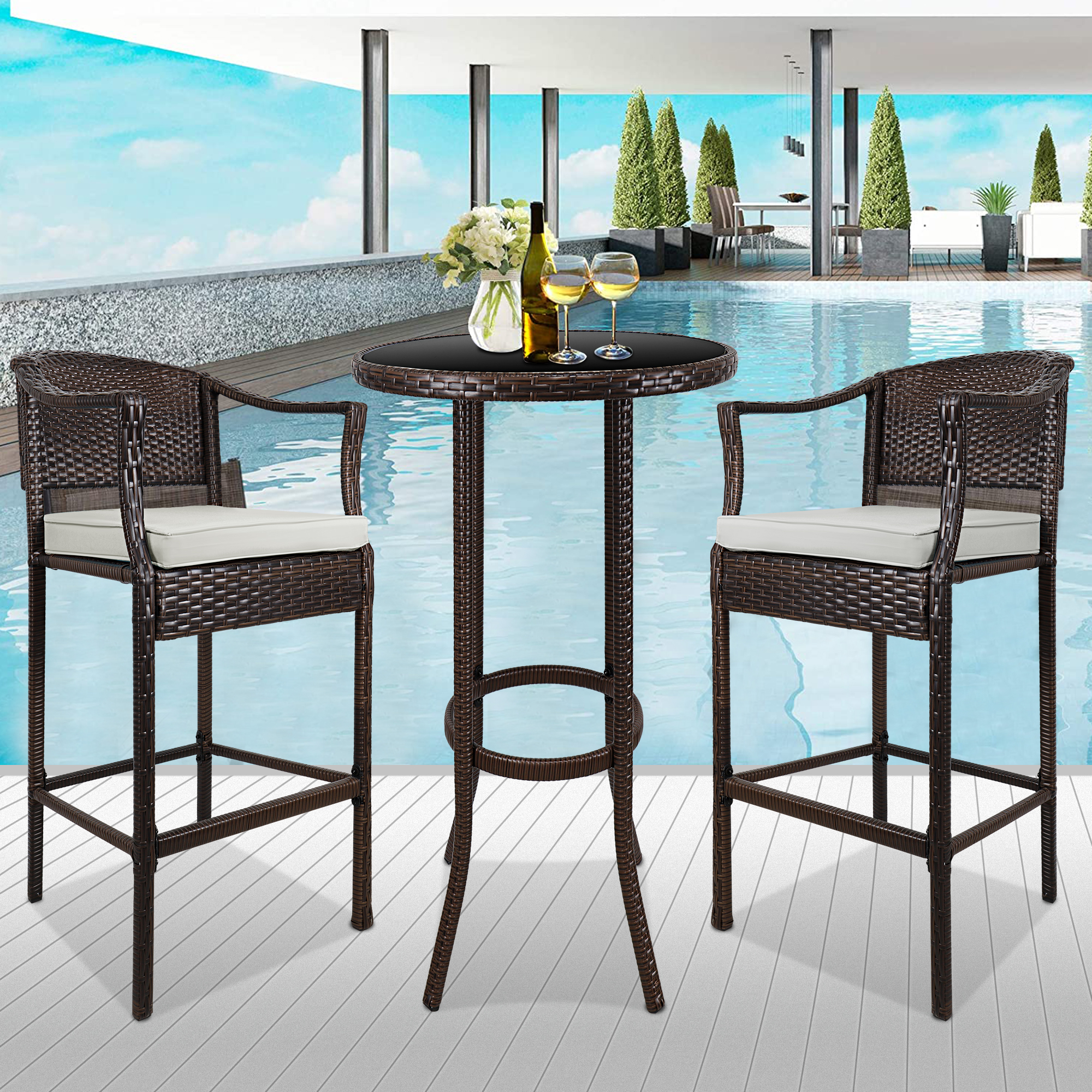 Patio Bistro Set, 3 Piece Outdoor Bar Table and Stools Set, 2 Patio Cushioned Bar Chairs with 1 High Glass Top Table, All Weather PE Rattan Furniture Set for Garden Yard Balcony Poolside Cafe, B16 - image 1 of 9