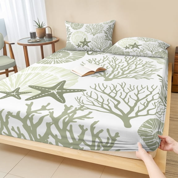 Cal.King Size Fitted Sheet Set - Coastal Sage Green 3 Piece Bedding Sets 16" Deep Pocket Fitted Sheet with 2 Pillowcases, Ocean Coral Starfish Shell Modern Brushed Microfiber Hotel Luxury Bed Sheets
