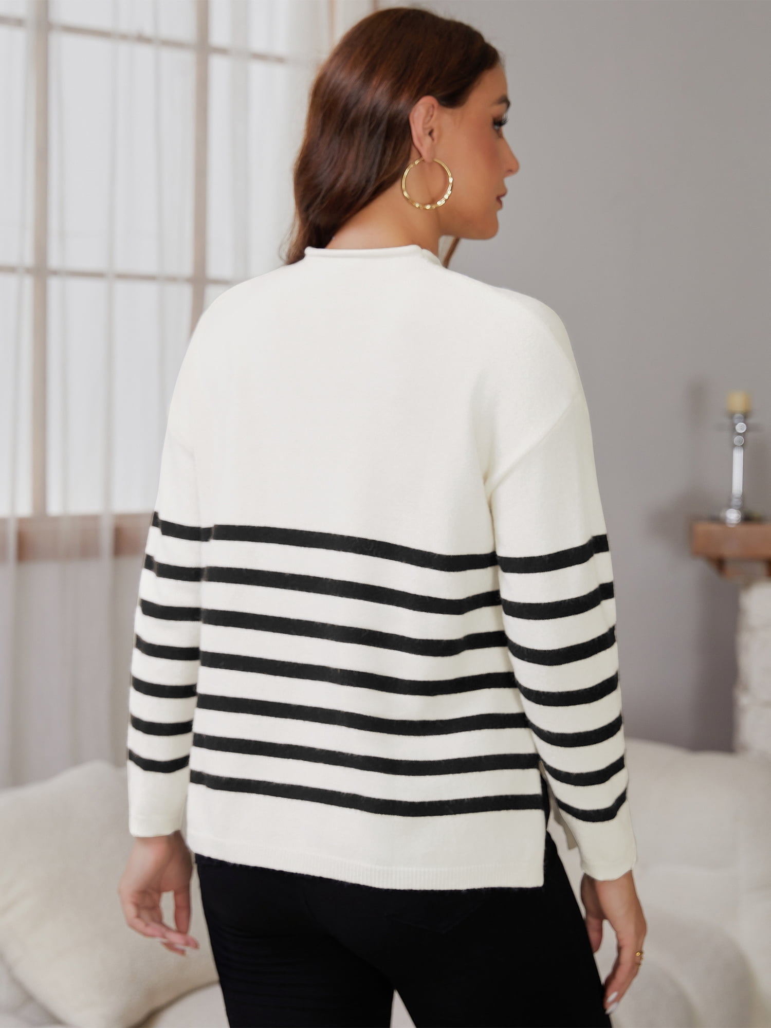 DARING DIVA Women's Maternity Striped Mock Neck Long Sleeve Sweater S White
