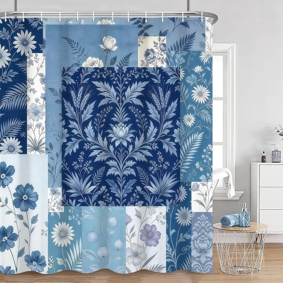 Blue Floral Patchwork Shower Curtain Boho Botanical Fabric Bath Curtain for Bathroom 71x71 inches
