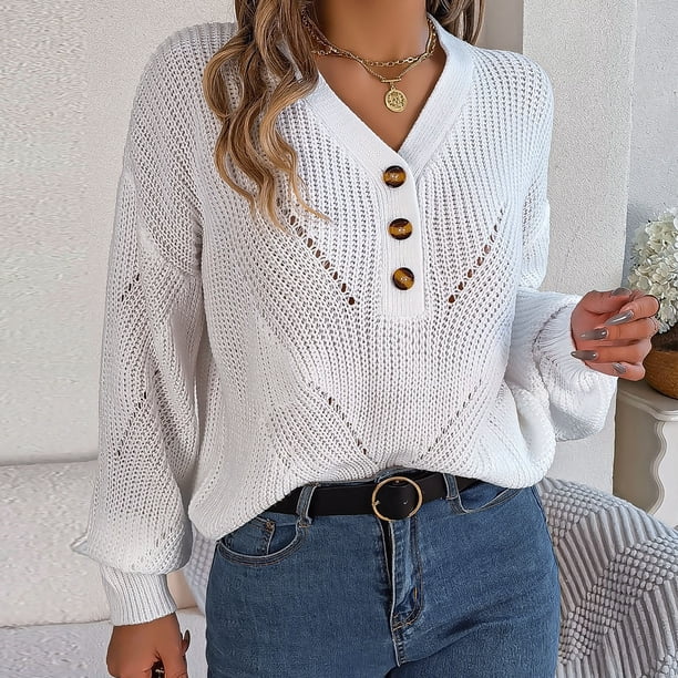 Suéter de cuello en V para mujer, moda informal, botones, manga larga, cuello en V, suéter cálido para salir.