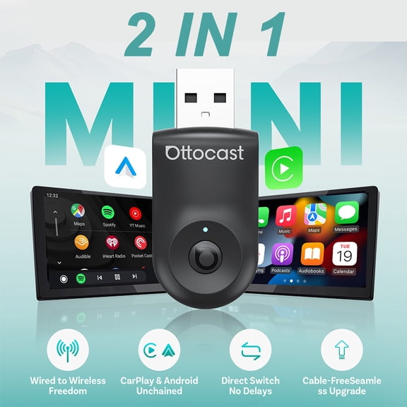Ottocast Mini Dongle Wireless CarPlay Adapter Android Auto 2-in-1 Convert Apple CarPlay , One-Click Button