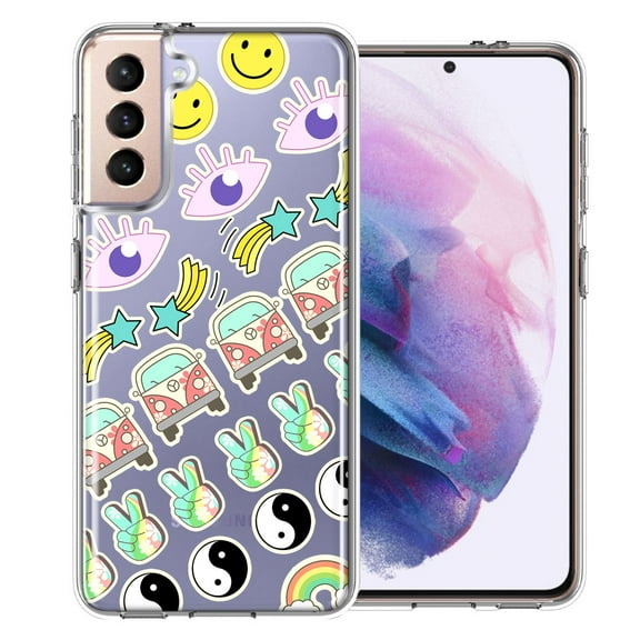 MUNDAZE For Samsung Galaxy S21 70's Yin Yang Hippie Happy Peace Stars Design Double Layer Phone Case Cover
