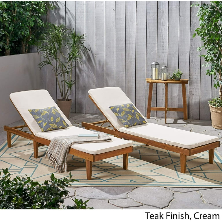 Christopher Knight Home 310751 Madge Oudoor Chaise Lounge with Cushion Set of 2 Teak Finish Cream Walmart