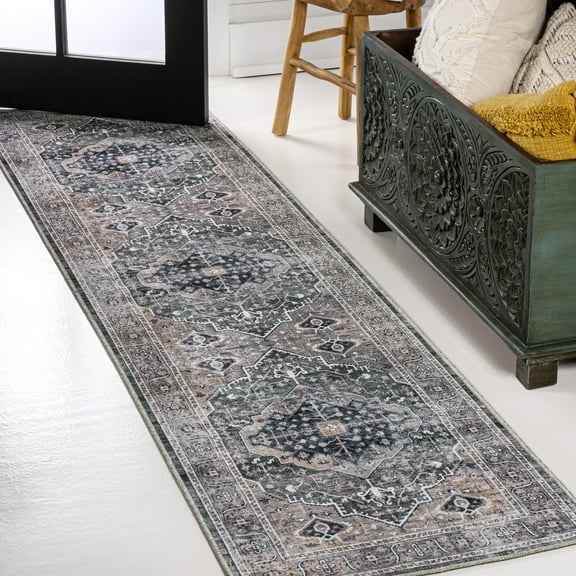 JONATHAN Y WASHABLE 2 x 8 Runner Rug, Alacati Ogee Medallion - Dark Green/Dark Beige, WSH103B-28
