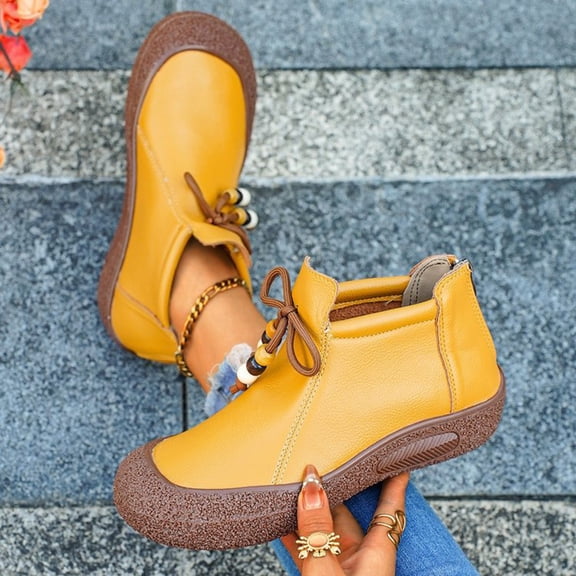 Wowcloth Winter Ankle Boots for Women – Solid Color Round-Toe Lace-Up Flat Soft Sole Casual Everyday Footwear