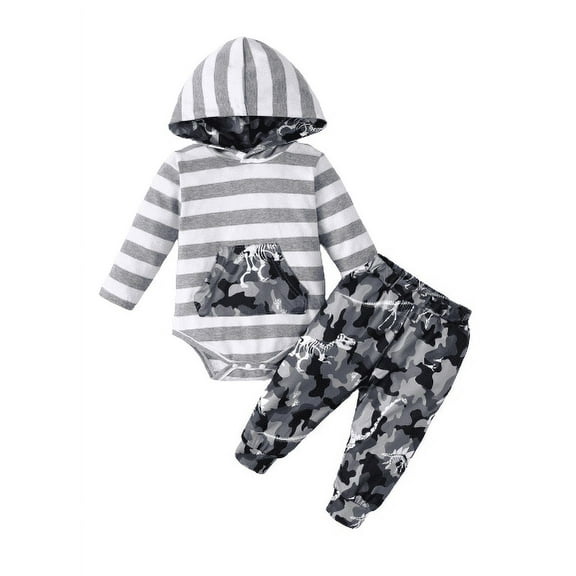 Mikrdoo 12 Months Infant Baby Boys Outfits Fall Winter 18 Months Boys Pants Sets Stripe Pocket Long Sleeve Hoodies Romper Top Elastic Camouflage Pants 2Pcs Clothing From 0-18M