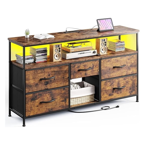 TV Stand for 50" Inch TV, Entertainment Center with & Power Outlets, 5 Drawers Dresser for Bedroom Dresser with Shelves for Living Room, Hallway, Rustic Brown