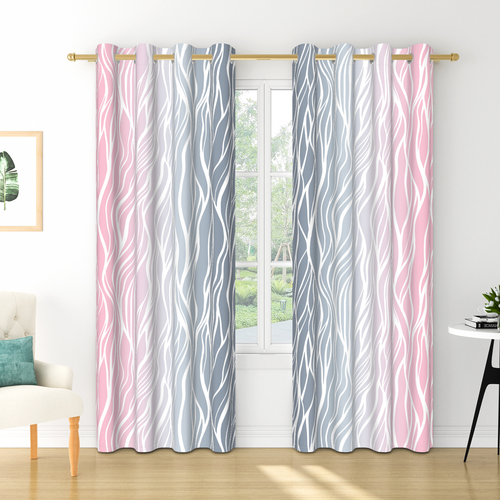 Nanqianyi Ombre Pink and Grey Blackout Curtains for Bedroom, White Wave Striped Gradient Thermal Insulated Drapes with Grommet, 2 Panels, 42x84 inches