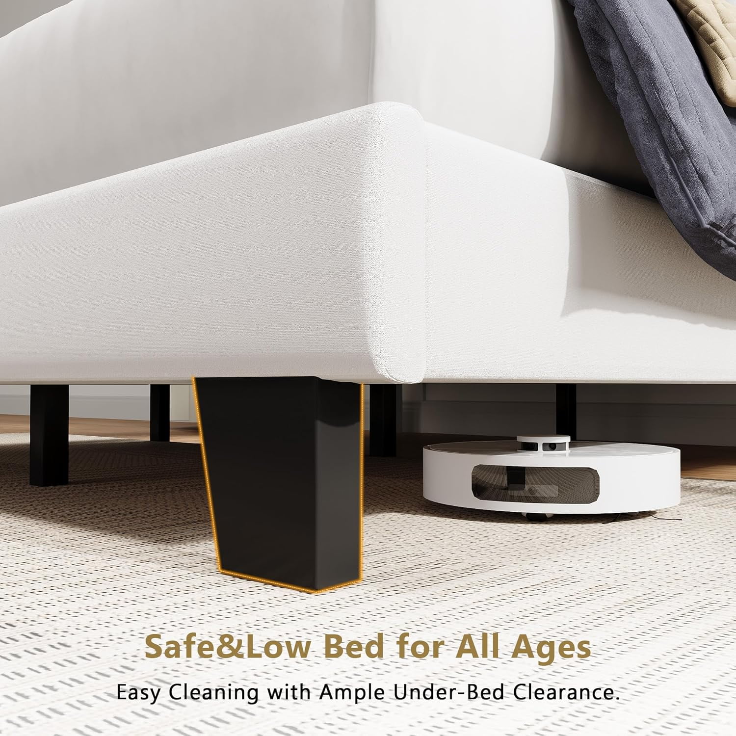 Honfach Full Size Bed Frame, Upholstered Platform Bed with Velvet Headboard, Wide Bed Legs and Strong Wood Slats Support, White