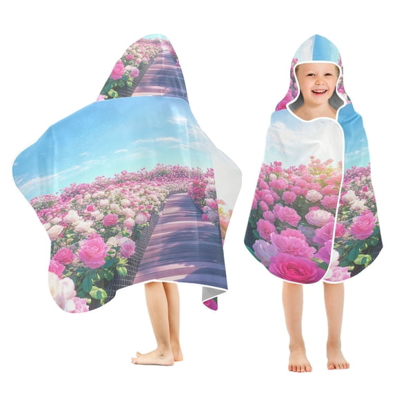 BZSMCE Towels Kids Hooded Beach Towel Blooming Pink Rose Garden Pool Bath Towel Soft