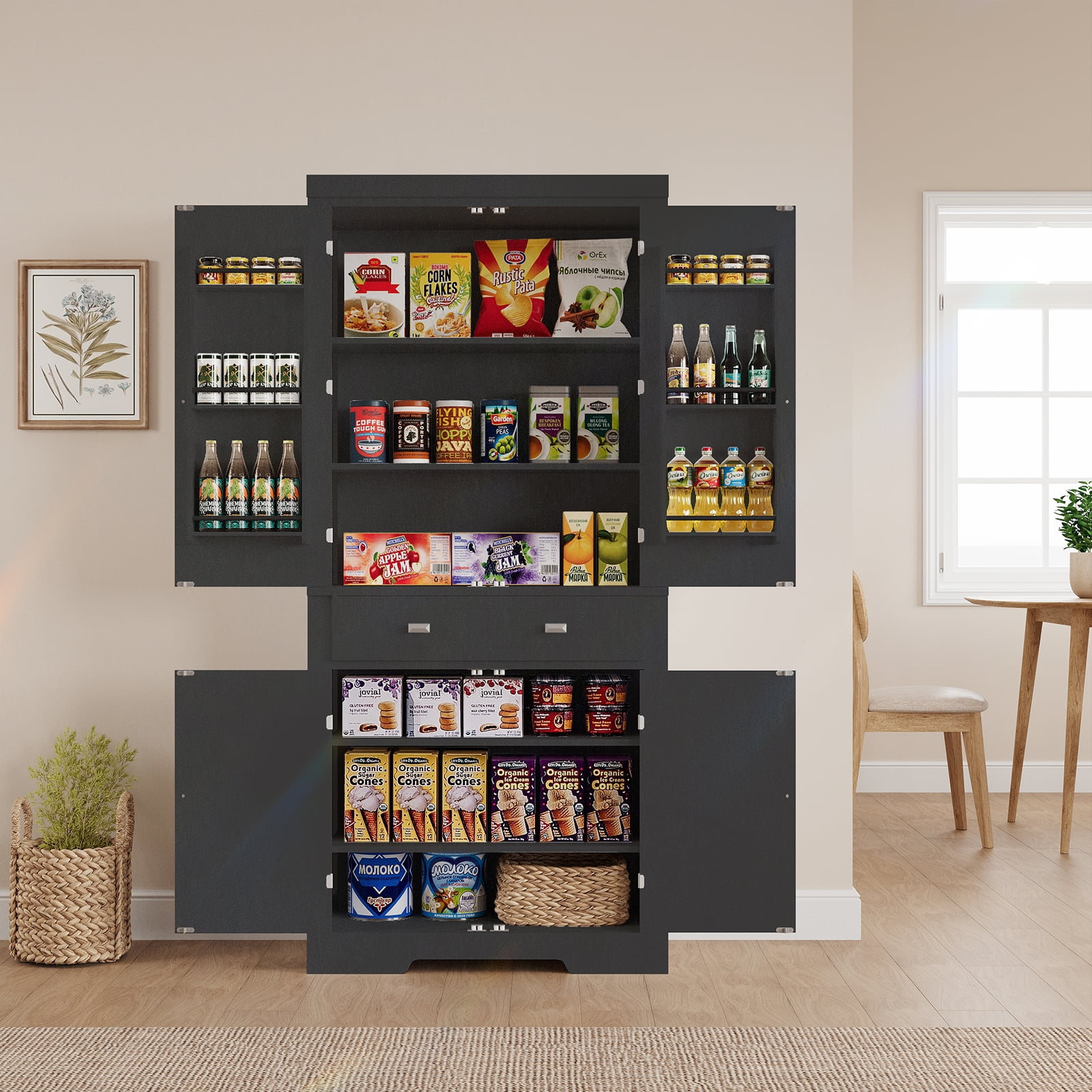 72 in Kitchen Pantry Storage Cabinet, Freestanding Food Pantry Cabinet with Drawer, Modern Wood Cupboard with 6 Door Shelves and 4 Adjustable Shelves for Ding Room, Black