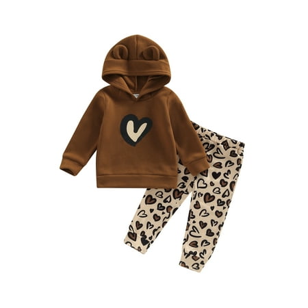 

2pcs Toddler Baby Girl Long Pants Set Heart Print Long Sleeve Hooded Pullover Tops + Trousers Kids Valentine s Day Outfits