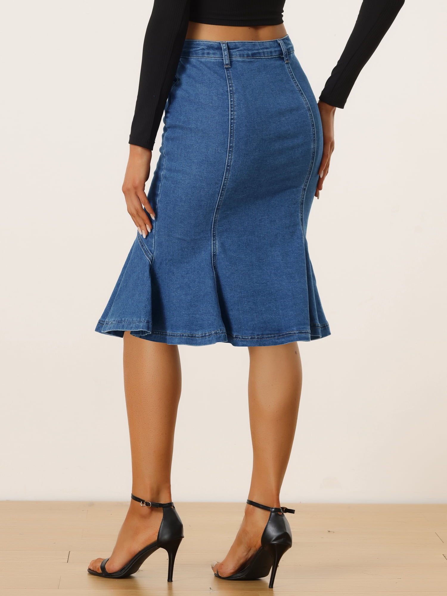 DARING DIVA Women's Denim Jean Bodycon Ruffles Fishtail Skirts XL Dark Blue