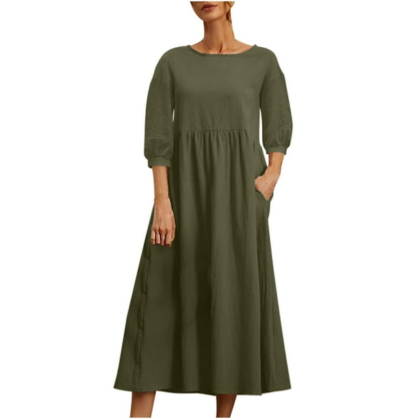Vestido de verano de algodón y lino para mujer, Color sólido, cuello redondo, manga farol a la moda, suelto, de algodón y lino, con bolsillo Pompotops ghjkhdj11751