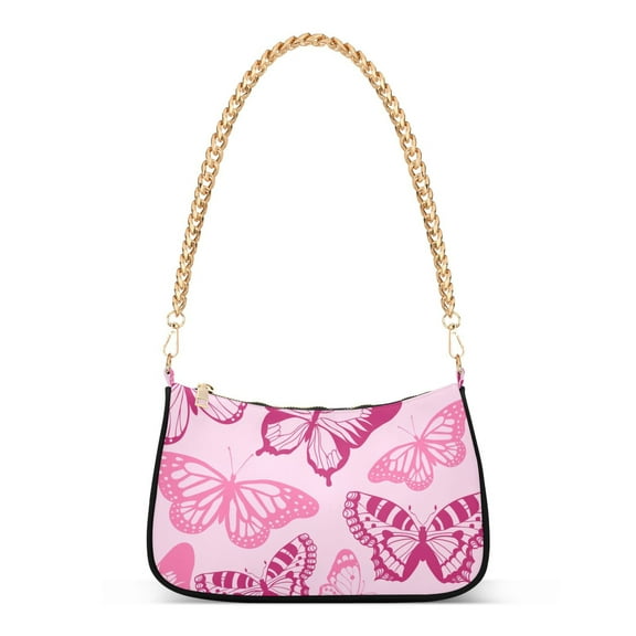 Pink Butterfly Womens Chain Shoulder Bag Tote Handbag Clutch Hobo Purse with Zipper for Travel Casual