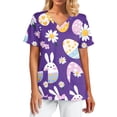 thumbnail image 2 of Scrub Tops Women Print，Easter Scrub Tops Women Bunny Egg Hunt Print Medical Scrubs Top Stretchy V Neck Short Sleeve Nurse Uniforms，Purple，XXXXL, 2 of 5