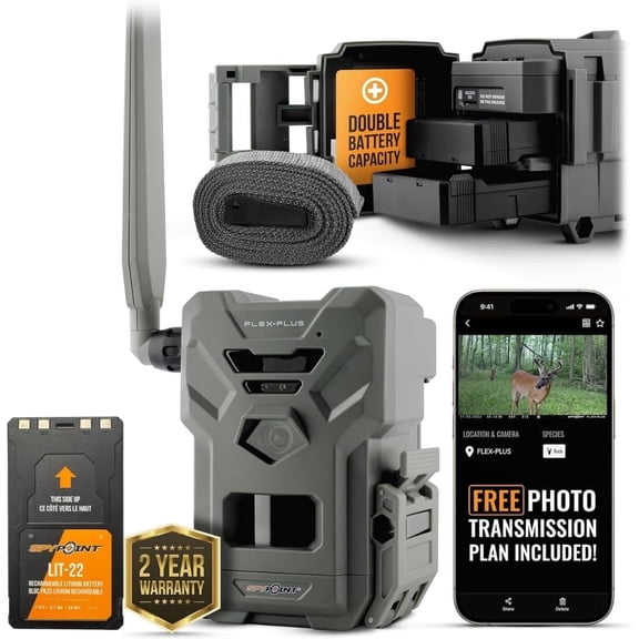 Spypoint Flex-Plus Cellular Trail Camera – 36MP Photos and 1080p Videos with Sound, Dual-SIM LTE, GPS, Extended Battery