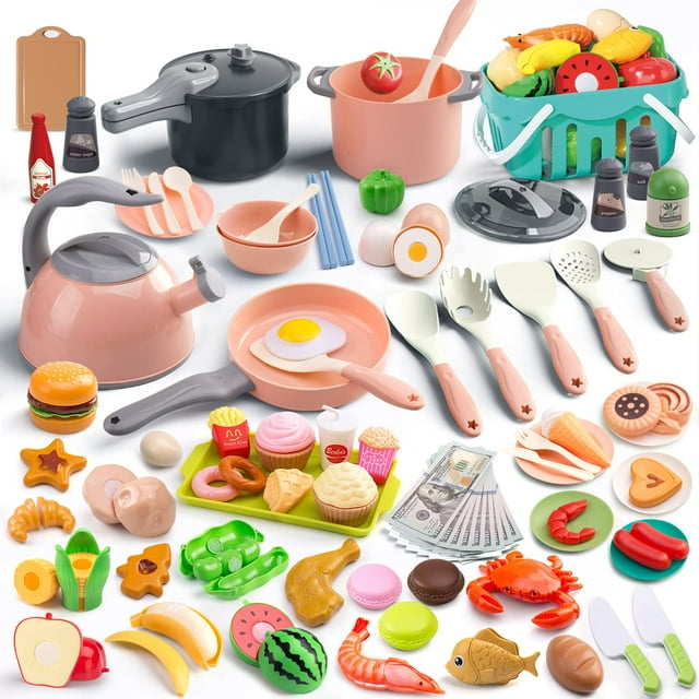 Kitchen Playset Funpynani, 130 unidades, con ollas, sartenes y utensilios, color rosa
