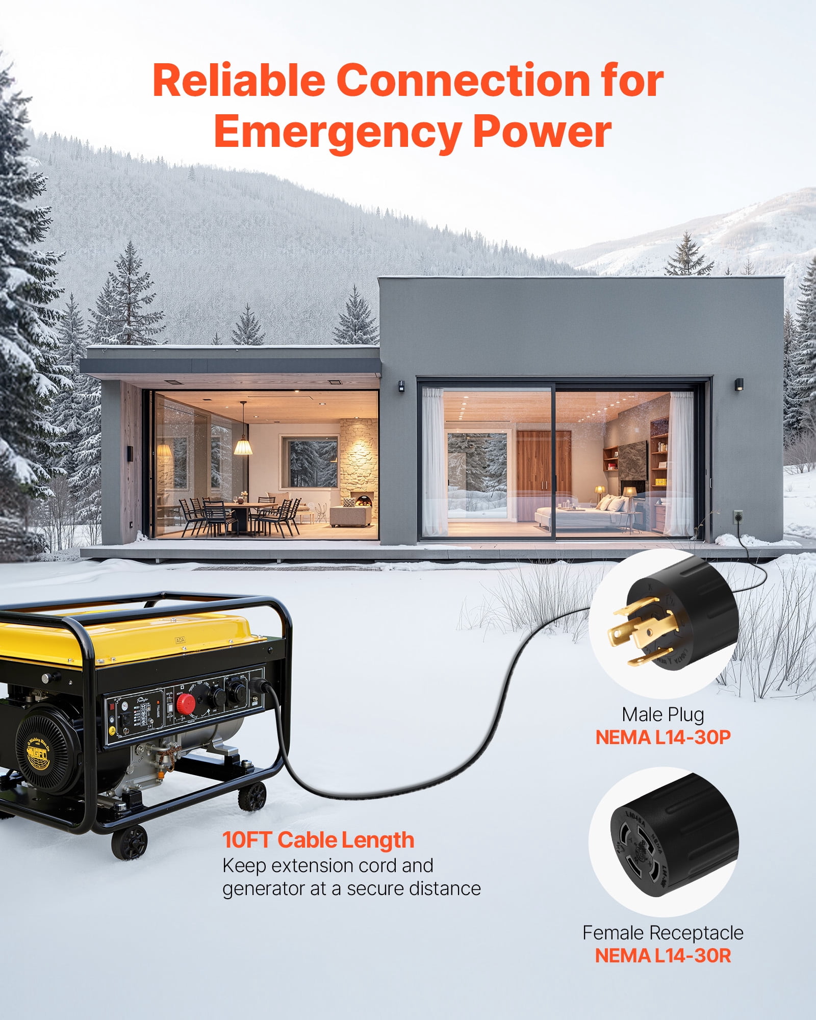 VEVOR 30 Amp Generator Cord and Power Inlet Box, 10 FT,125/250V NEMA L14-30P to L14-30R Heavy Duty Extension Power Cord, SJTW 10 Gauge 7500W, Pre-Drilled Inlet Box, for Generator to House, ETL Listed