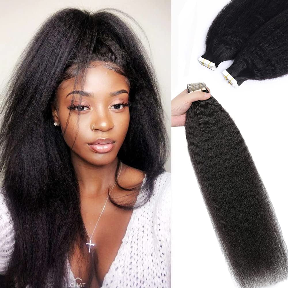 Weft Hair Extensions with Microbeads Kinky Straight Black Virgin Hair 22 inch