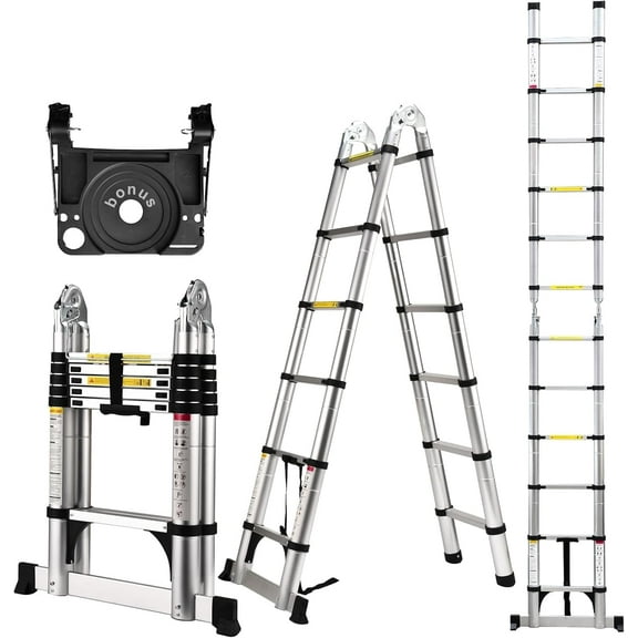 Jocauto Telescoping Ladder A Frame, 12.5 Ft Compact Aluminum Extension Ladder, Portable Telescopic RV Ladder for Outdoor Camper Trips Motorhome with Tool Platform and Stabilizer Bar, 330 lb Capacity