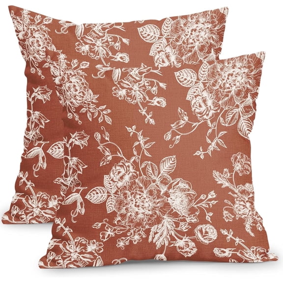 Vintage Floral Pillow Covers 18x18 Inch Set of 2 Burnt Orange Floral Outdoor Decorative Throw Pillows Chinoiserie Flower Pillowcases Rustic Farmhouse Cushion Covers for Couch Home Decor