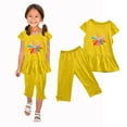 thumbnail image 5 of Odeerbi Kids Girls 2 Piece Outfits Ruffle Tops Capris Set Summer Clothes Floral Print Round Neck Short Sleeve Flying Sleeves Top Elastic Waist Cropped Pants Two-piece Set Yellow, 5 of 5