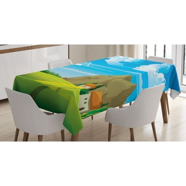 Cloud Tablecloth, Green Landscape with Trees Houses and Mountains under a Blue Summer Sky Countryside, Rectangular Table Cover for Dining Room Kitchen, 60 X 84 Inches, Multicolor, by Ambesonne