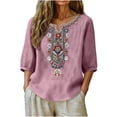 thumbnail image 2 of Women Blouses Trendy Sawvnm Embroidered Tops For Women 3/4 Sleeve Boho Linen Shirts Plus Size V Neck Tunic Peasant Clothes Pink XXXL, 2 of 8