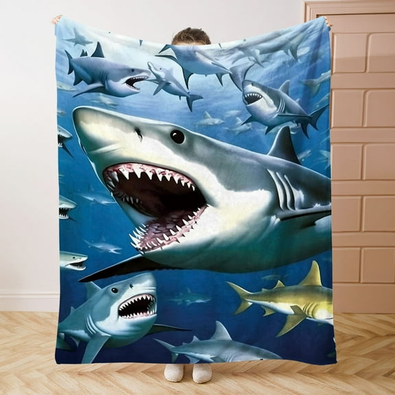 1pc Contemporary Sharks Print Flannel Throw Blanket, Soft Comfortable All-Season Knitted Polyester Bed Sofa Camping Blanket, with Digital Printing, Unique Embellishment Features