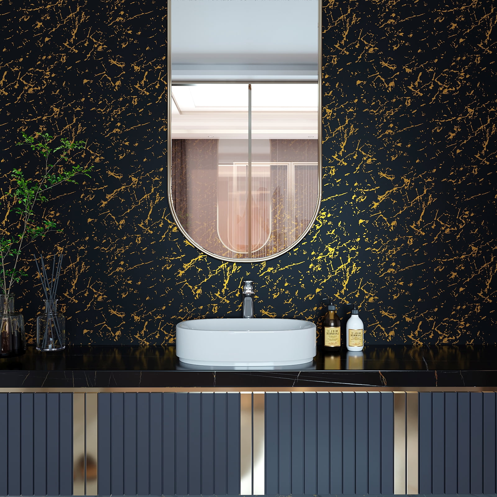 VEELIKE Black Gold Marble Contact Paper for Countertops Waterproof Marble Wallpaper Peel and Stick Countertops for Kitchen Bathroom 15.7''x118'' Black Counter Top Covers Laminate Sheet for Table Wall