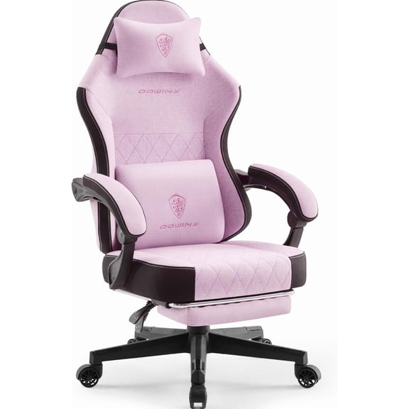 Dowinx Gaming Chair, Fabric Gaming Chairs for Adults with Pocket Spring Cushions and Lumbar Support, Ergonomic Massage Computer Chair with Footrest for Big and Tall, Pink
