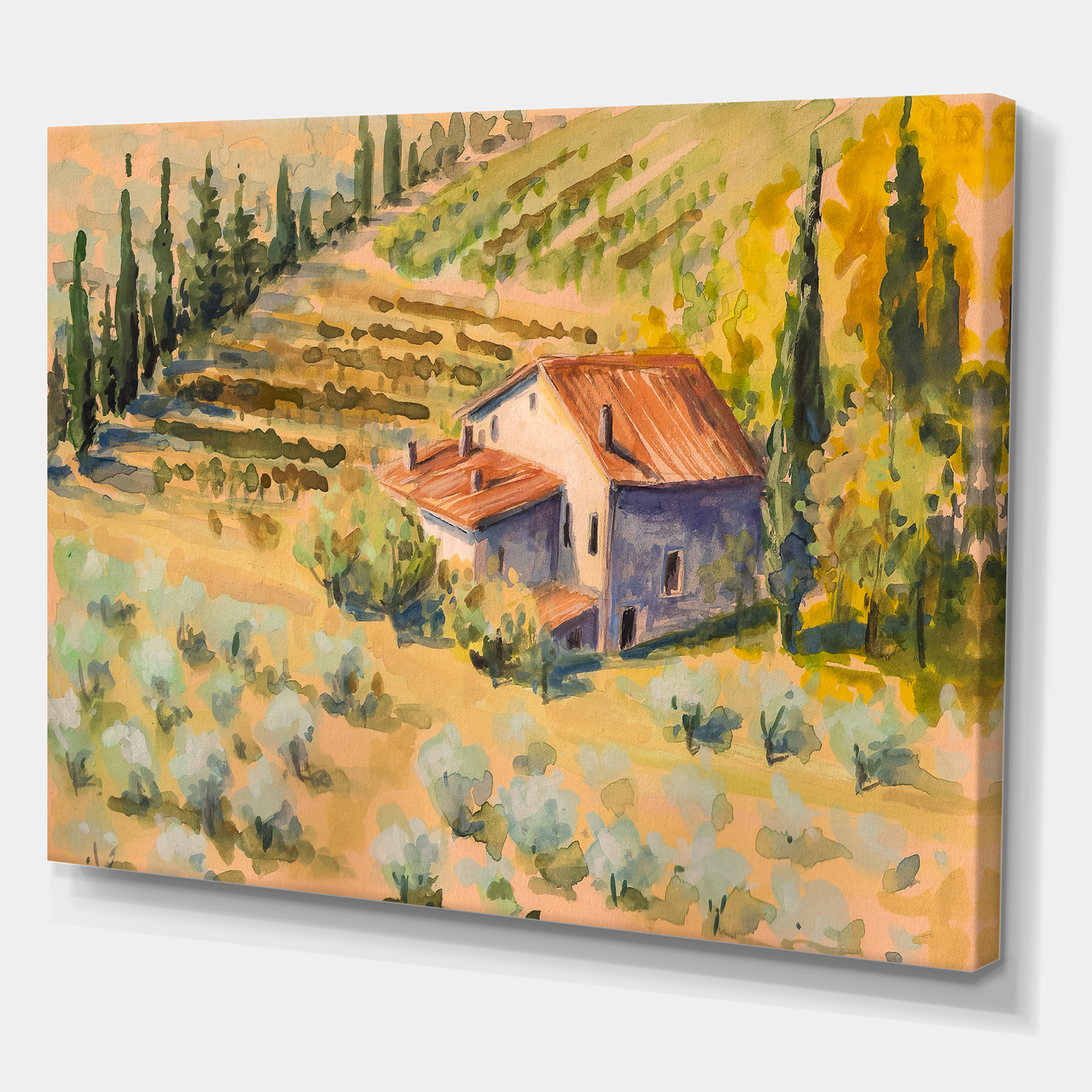 Little Farmhouse In Countryside 8 in x 12 in Painting Canvas Art Print, by Designart