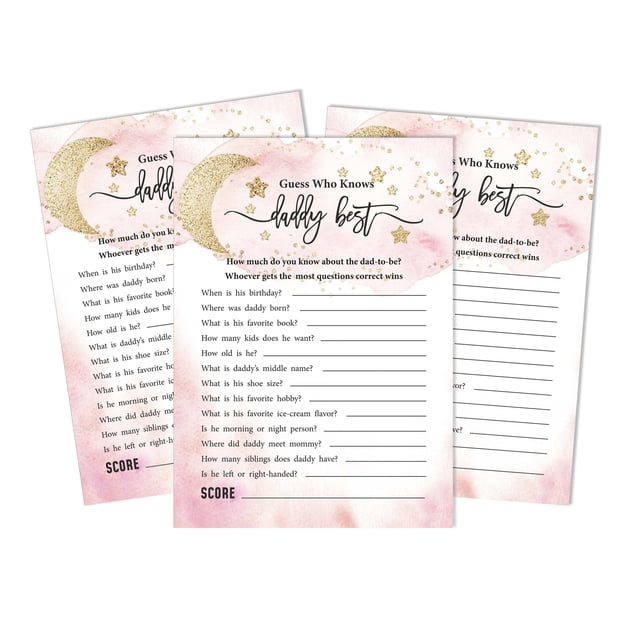 Inkdotpot Glitter Star 50-PackWho Knows Daddy BestBaby Shower GameCards Gender Reveal FunActivity Cards