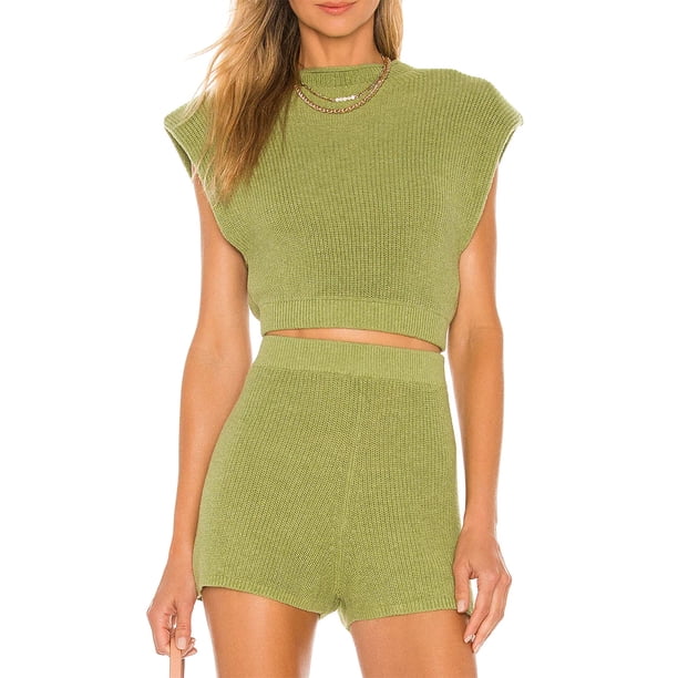 VISgogo Conjunto de Traje Femenino de 2 Piezas, Tops Cortos de Punto Sin Mangas con Cuello Redondo de Color Sólido + Pantalones Cortos para Verano, S/M/L/XL VISgogo moda