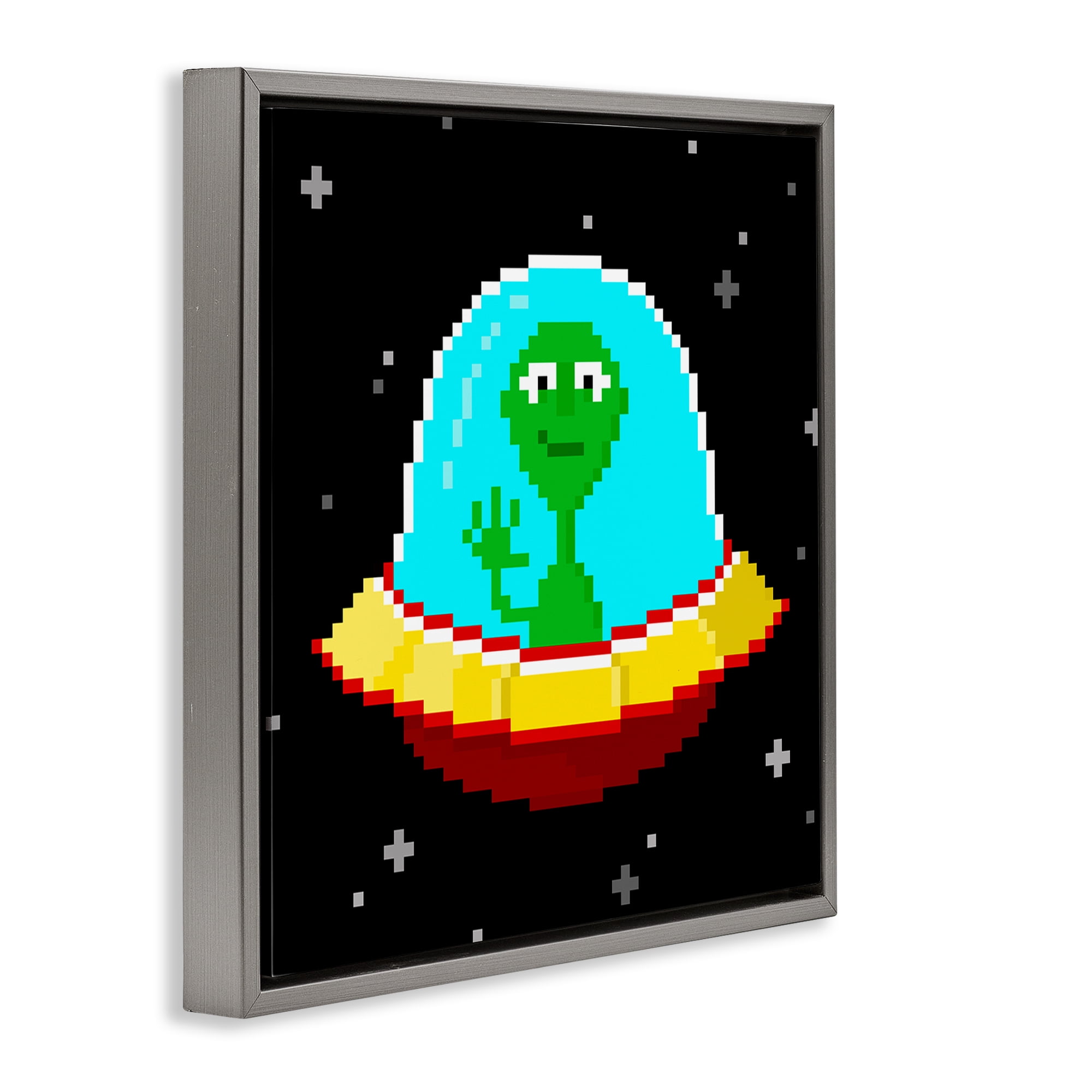 Stupell Industries Pixel Alien Spaceship Novelty & Humor Painting Gray Floater Framed Canvas Art Print Wall Art, 18 x 18