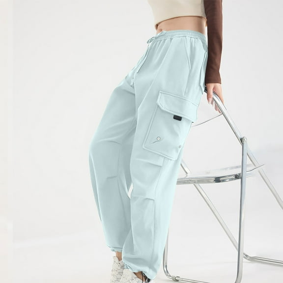 Pants for Women Drawstring Multiple Pockets Pull Rope Sports Work Solid Color Sweatpants,Sweatpants for Women Light Blue XXL