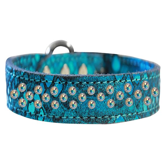Sprinkle Ab Crystal Jeweled Dragon Skin Genuine Leather Dog Collar Size Size 16 Blue