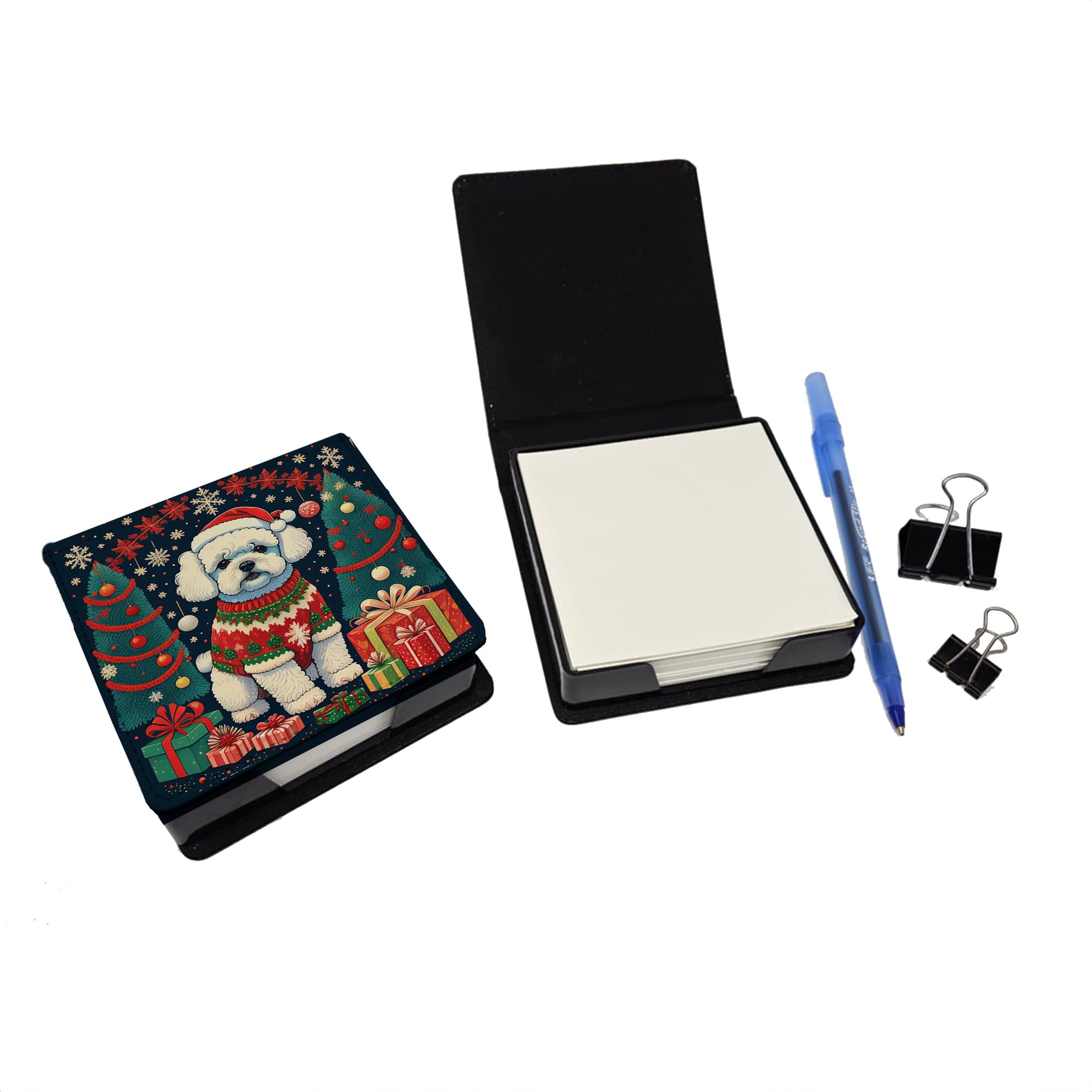Caroline's Treasures Bichon Frise Christmas PU Leather Note Paper Holder with Artist-Designed Cover, Desk Accessory, Office Gift