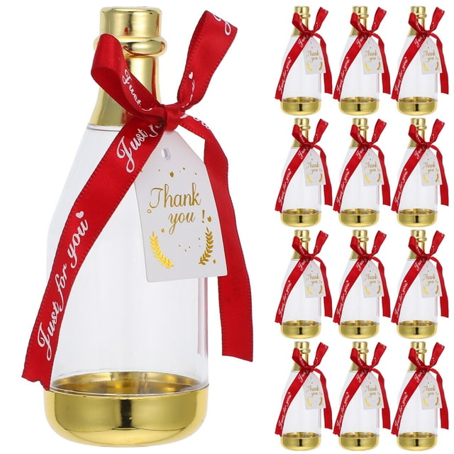 12 minibotellas de plástico para caramelos, cajas de plástico con cinta para regalos de boda, despedida de soltera, baby shower, fiesta de cumpleaños