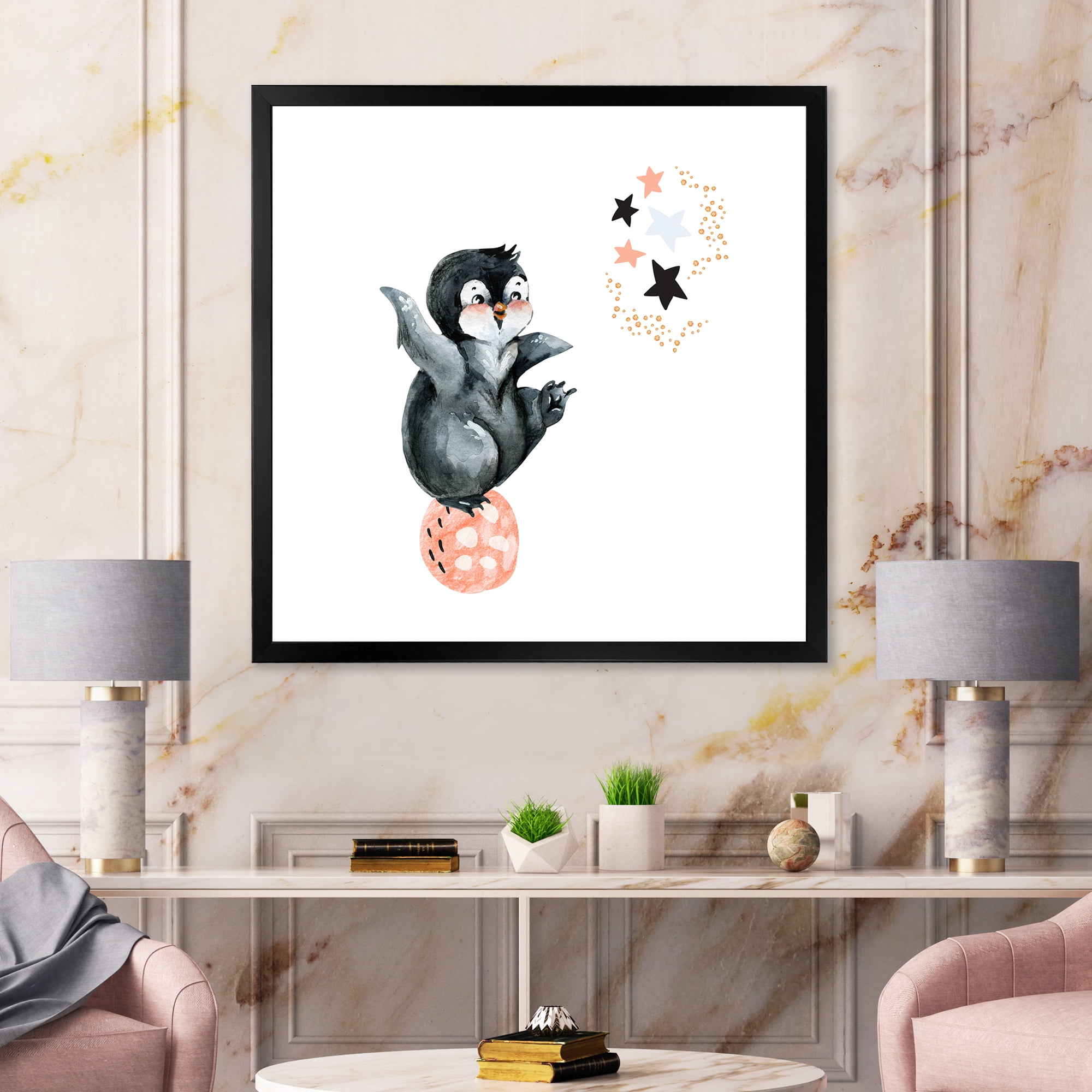 Designart 'Little Penguin With Planets and Stars II' Farmhouse Framed Art Print