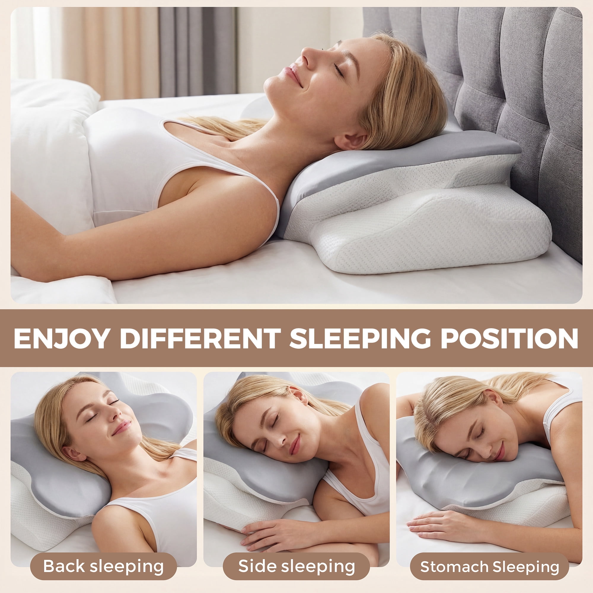 Riousery Cervical Neck Support Pillow, Memory Foam Contour Pillow for Back and Side Sleepers, Dual-Height Design, Cooling Cover