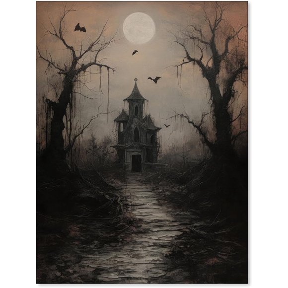 Dark Academia Wall Art Gothic Halloween Poster Vintage Haunted House Canvas Prints Goth Spooky Painting Dark Rustic Wall Decor 12x16inch Unframed