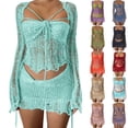 thumbnail image 7 of DHFJKG Skirt Set Women Summer 2 Piece Outfits Crochet Sexy Hollow Out Sequins Long Sleeve Crop Top Mini Skirts Party Going Out Wear Versatile Outfit, 7 of 7