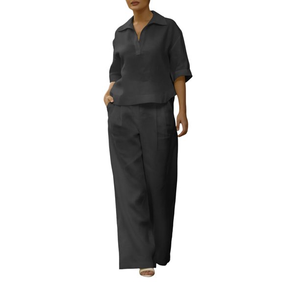 hoksml Women's 2 Piece Outfit Collared Neck Short Sleeve Top and Wide Leg Pants Cotton Linen Blend Casual Set