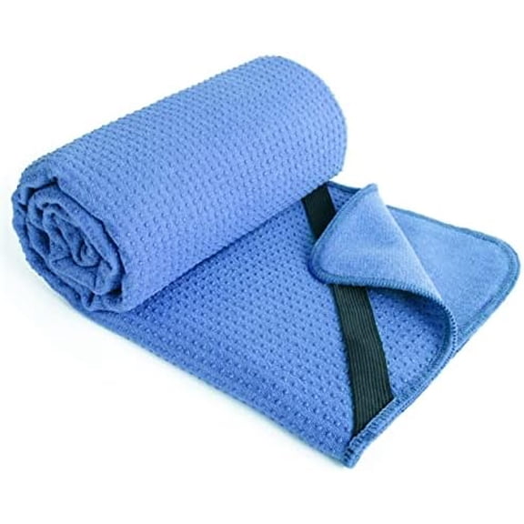 Microfiber Hot Yoga Towel Mat with Non-Slip Silicone Grip and Secure Fit Elastic Straps, 24 x 72 in (Blue)