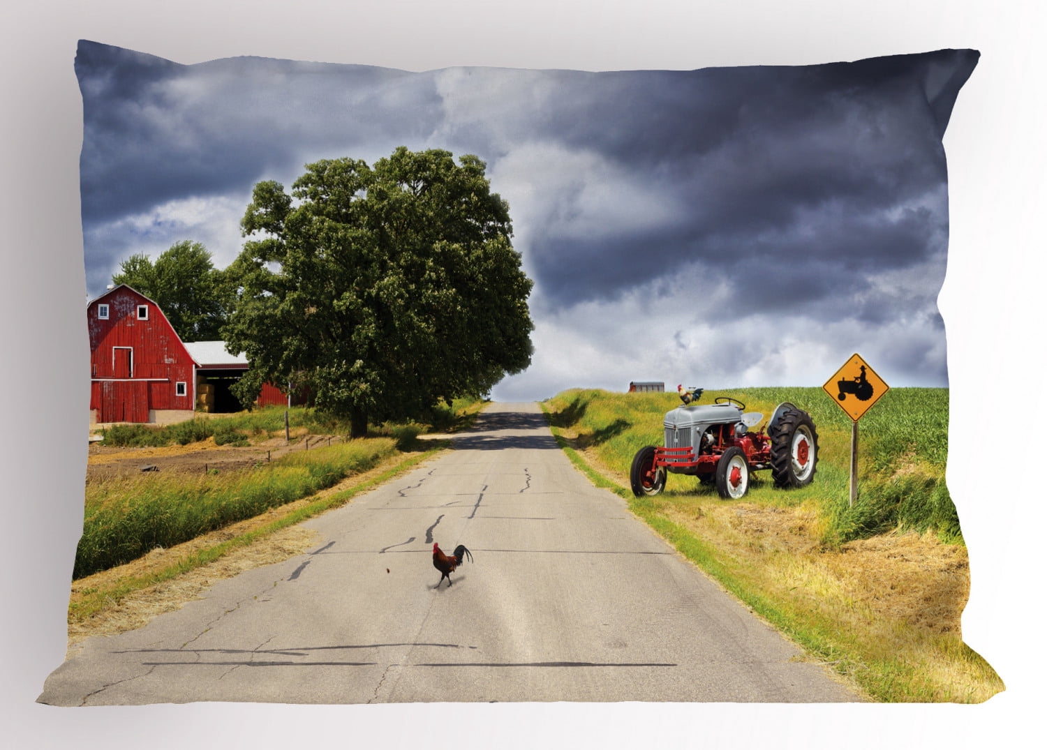 Rural Pillow Sham Farmhouse on the Country Road with Barn and Tractor on Side in Stormy Day Picture, Decorative Standard King Size Printed Pillowcase, 36 X 20 Inches, Multicolor, by Ambesonne