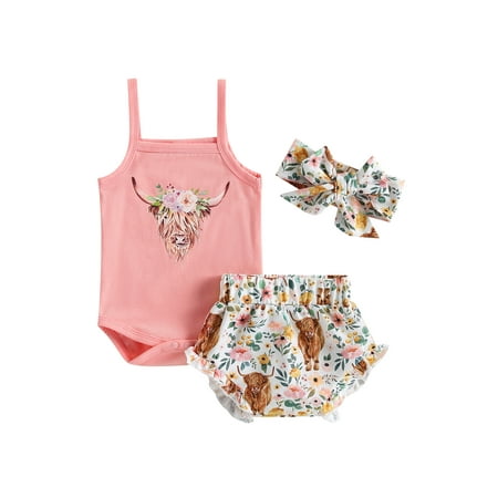 

Bagilaanoe 3pcs Newborn Baby Girls Short Pants Set Sleeveless Print Romper Tops + Shorts + Hairband 3M 6M 9M 12M 18M Infant Casual Summer Outfits